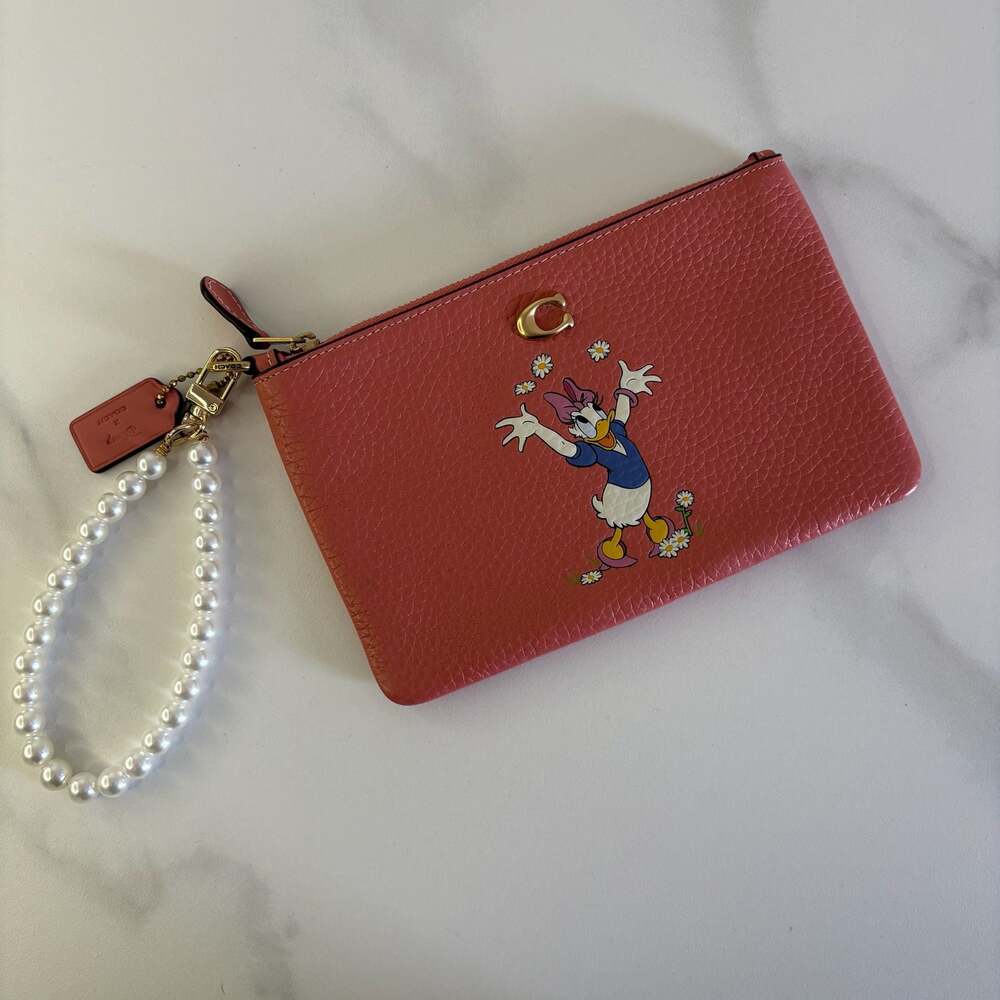 Coach x Disney Daisy Duck Small Wristlet in Pebbled Leather with Pearl Strap